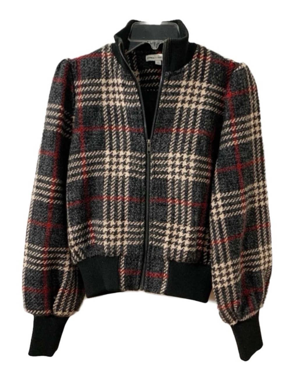 Express X negin mirsalehi Plaid Wool Blend Cropped Bomber Jacket Puffy Sleeves
